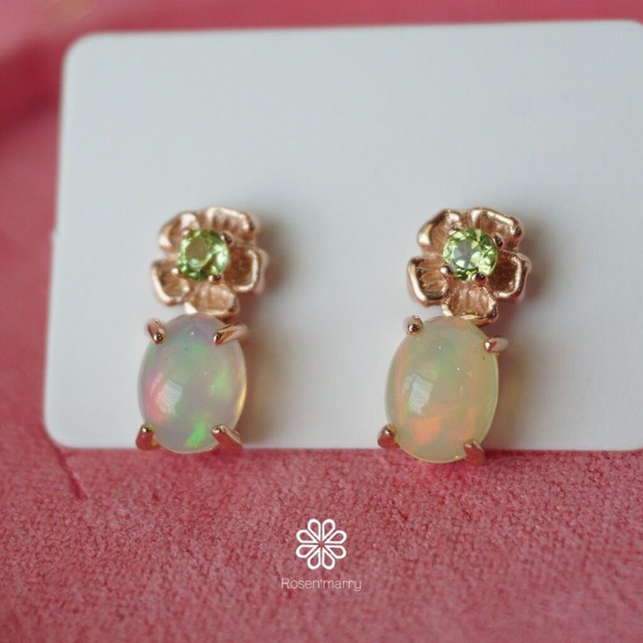 Genuine Opal and Peridot Earrings - Sterling Silver, Pink Gold