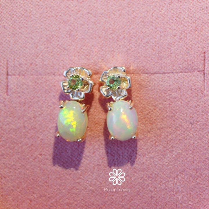 Genuine Opal and Peridot Earrings - Sterling Silver, Pink Gold