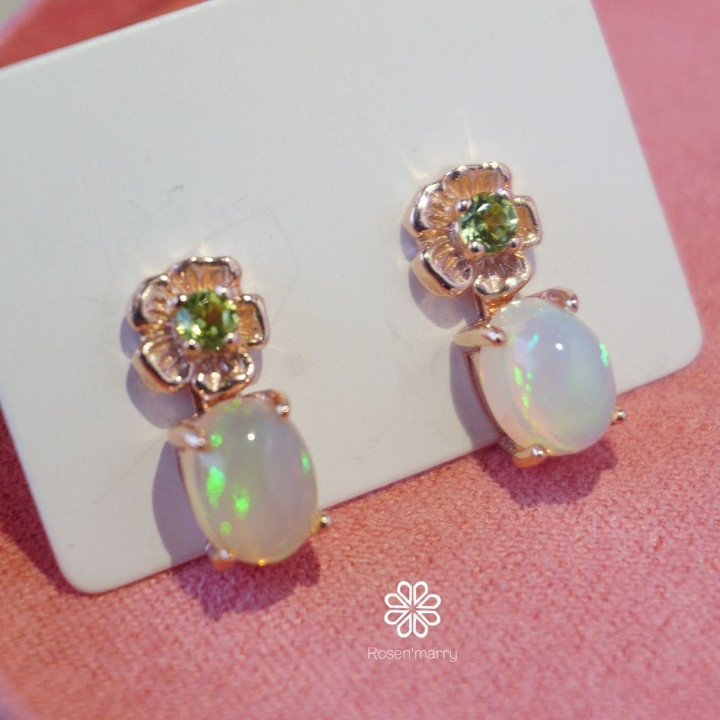 Genuine Opal and Peridot Earrings - Sterling Silver, Pink Gold