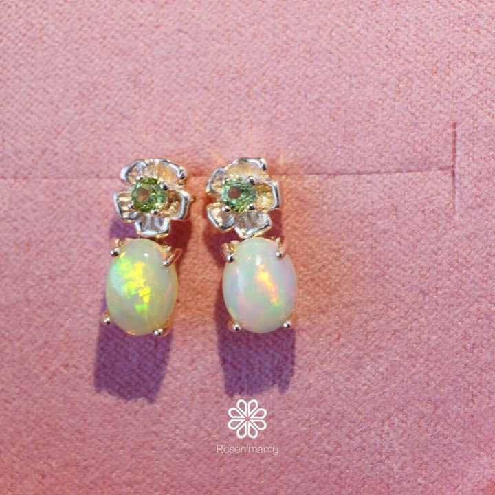 Genuine Opal and Peridot Earrings - Sterling Silver, Pink Gold