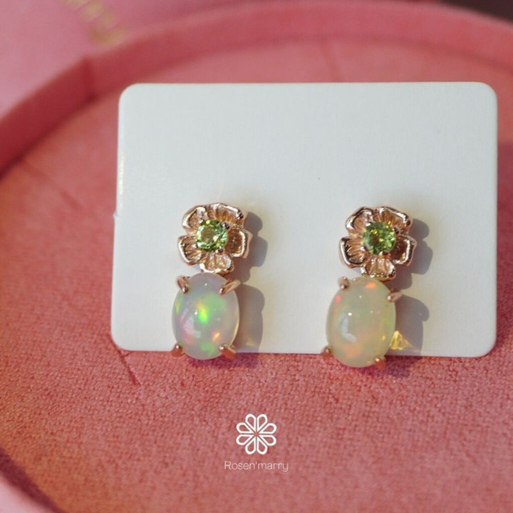 Genuine Opal and Peridot Earrings - Sterling Silver, Pink Gold