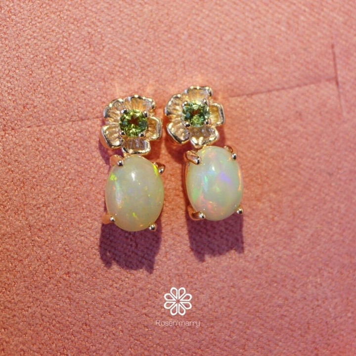 Genuine Opal and Peridot Earrings - Sterling Silver, Pink Gold