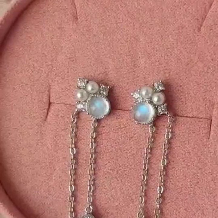 Boucles d'oreilles pendantes en pierre de lune bleu ciel | Argent sterling 925
