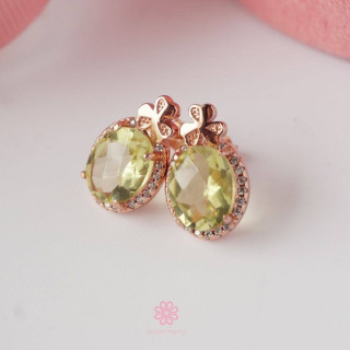 Genuine Lemon Quartz Stud Earrings - Rose Gold and Silver Plated