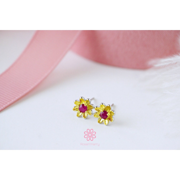 Antique Ruby Flower Earrings | Sterling Silver and Gold Plated