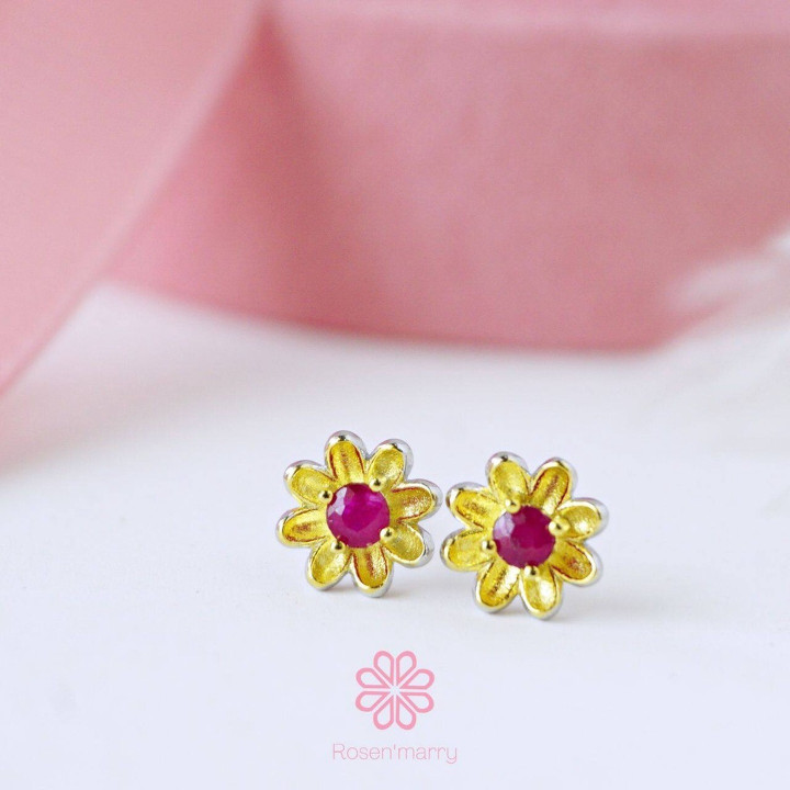 Antique Ruby Flower Earrings | Sterling Silver and Gold Plated