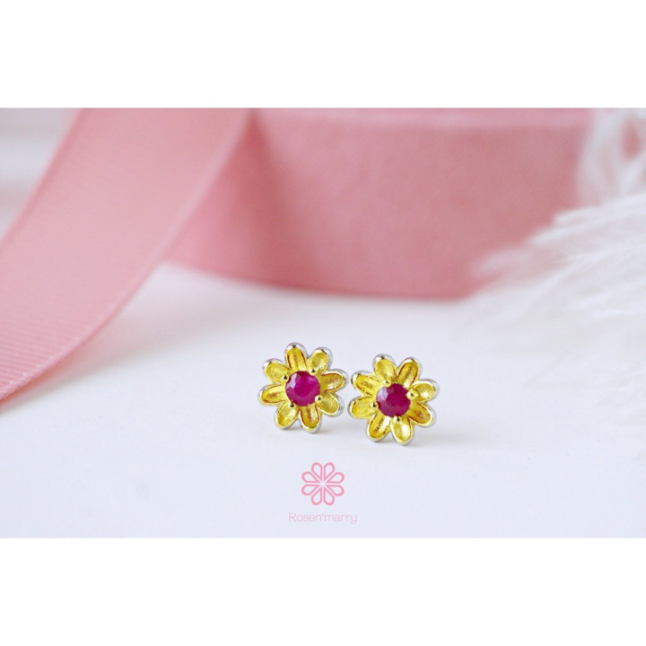 Antique Ruby Flower Earrings | Sterling Silver and Gold Plated