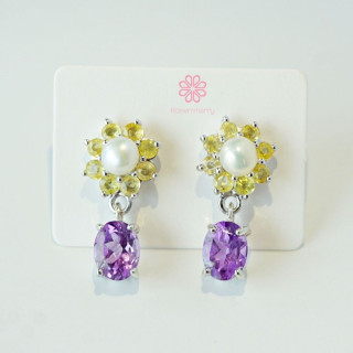 Yellow Sapphire and Pearl Dangling Earrings | Sterling Silver