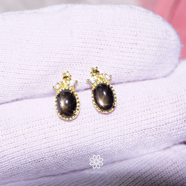 Black Star Sapphire Stud Earrings | Sterling Silver and Gold Plated