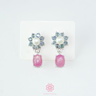 Sterling Silver Pearl and Ruby Dangle Earrings by Rosen'marry RE013