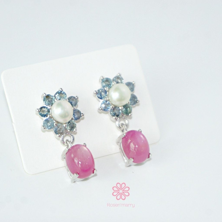Sterling Silver Pearl and Ruby Dangle Earrings by Rosen'marry RE013