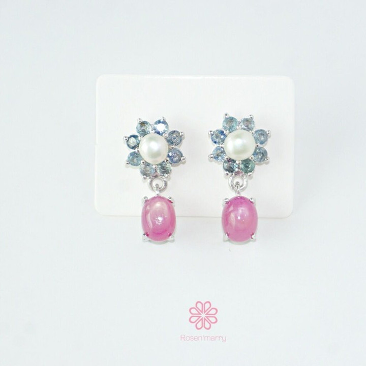 Sterling Silver Pearl and Ruby Dangle Earrings by Rosen'marry RE013