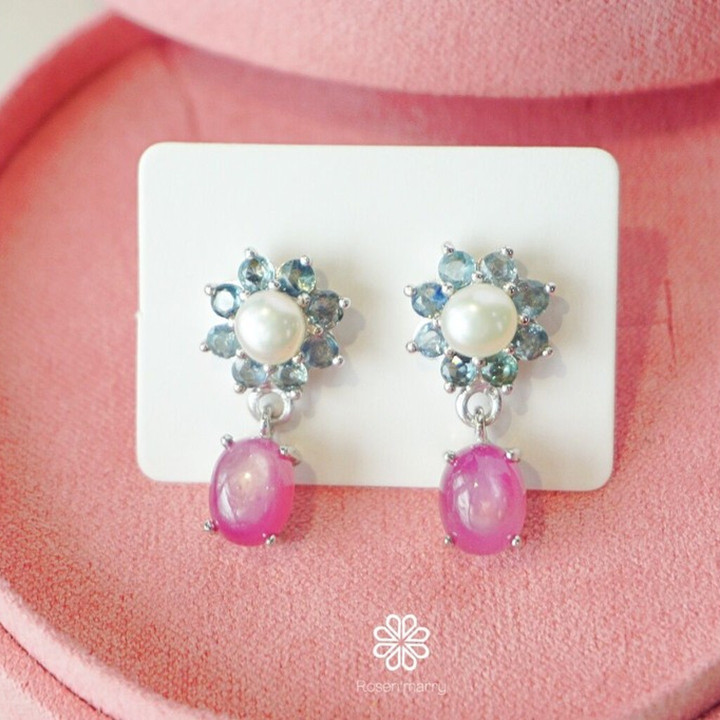 Sterling Silver Pearl and Ruby Dangle Earrings by Rosen'marry RE013