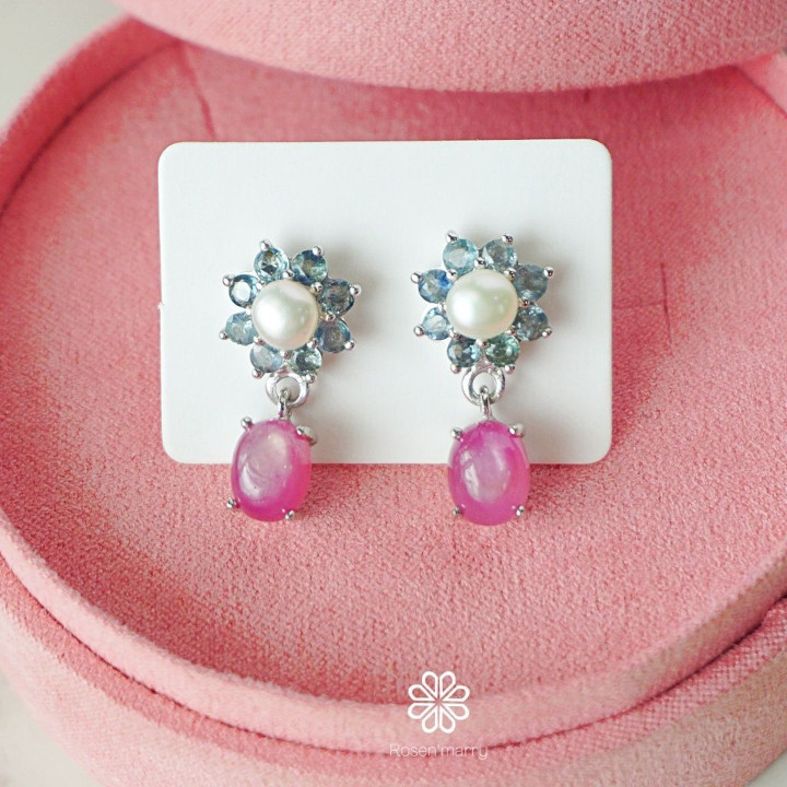 Sterling Silver Pearl and Ruby Dangle Earrings by Rosen'marry RE013