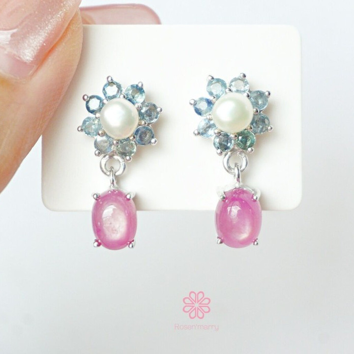 Sterling Silver Pearl and Ruby Dangle Earrings by Rosen'marry RE013