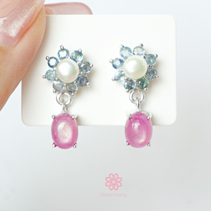 Sterling Silver Pearl and Ruby Dangle Earrings by Rosen'marry RE013