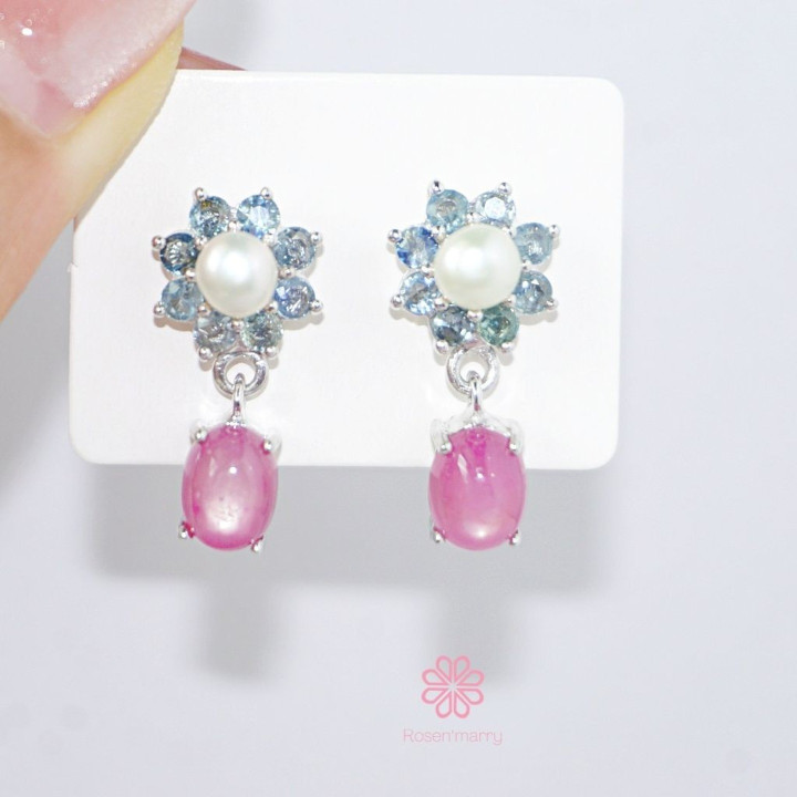 Sterling Silver Pearl and Ruby Dangle Earrings by Rosen'marry RE013