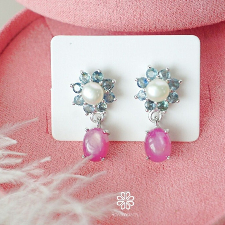 Sterling Silver Pearl and Ruby Dangle Earrings by Rosen'marry RE013