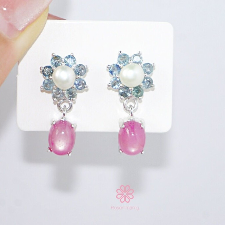 Sterling Silver Pearl and Ruby Dangle Earrings by Rosen'marry RE013