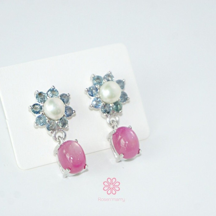 Sterling Silver Pearl and Ruby Dangle Earrings by Rosen'marry RE013