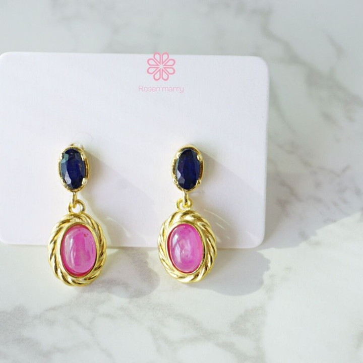 Ruby and Sapphire Dangle Earrings | Sterling Silver, Gold Plated
