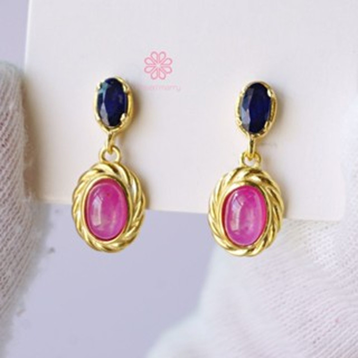 Ruby and Sapphire Dangle Earrings | Sterling Silver, Gold Plated