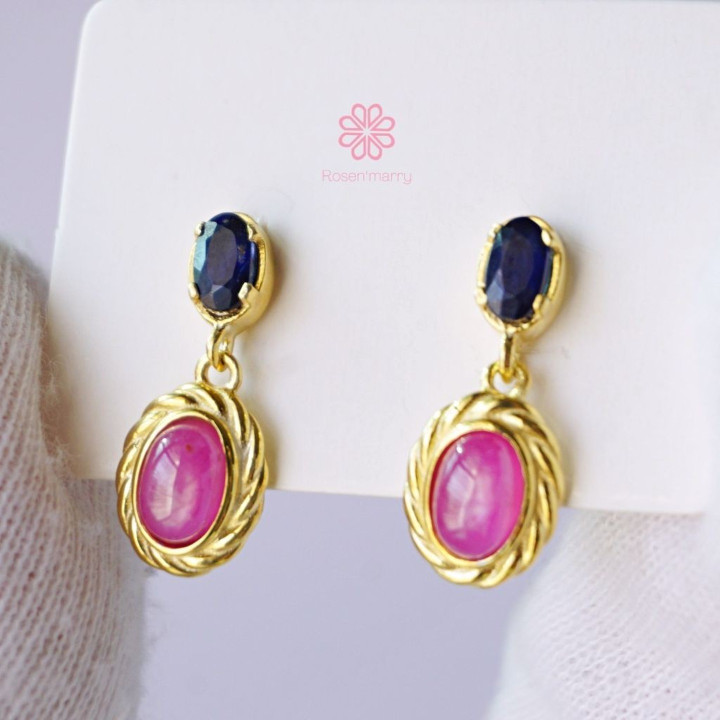 Ruby and Sapphire Dangle Earrings | Sterling Silver, Gold Plated