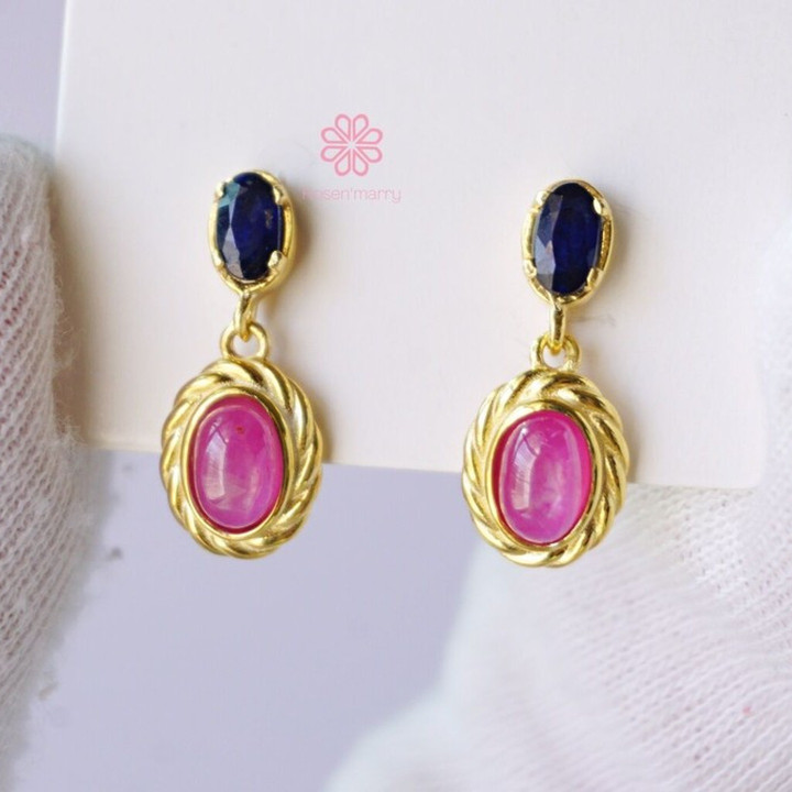 Ruby and Sapphire Dangle Earrings | Sterling Silver, Gold Plated