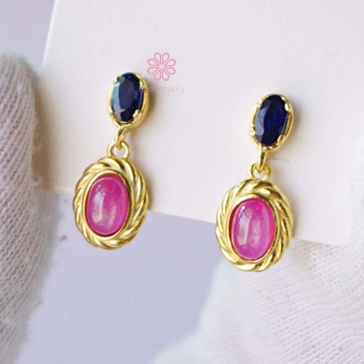 Ruby and Sapphire Dangle Earrings | Sterling Silver, Gold Plated