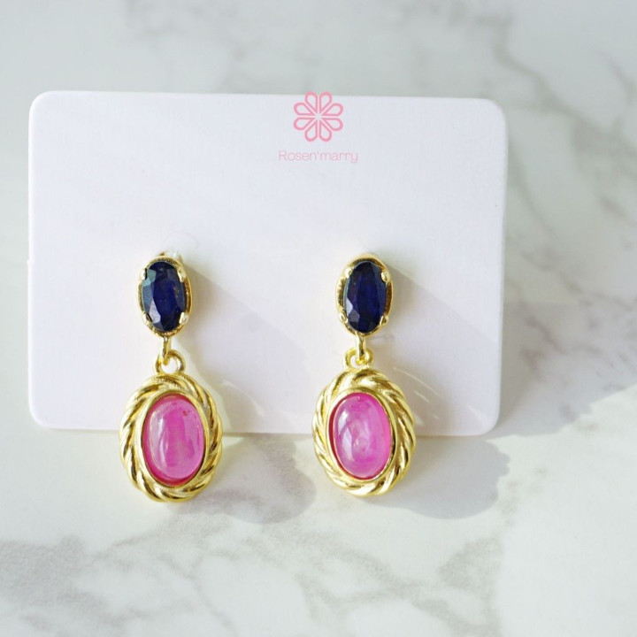 Ruby and Sapphire Dangle Earrings | Sterling Silver, Gold Plated