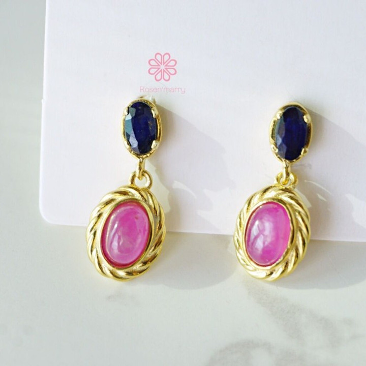 Ruby and Sapphire Dangle Earrings | Sterling Silver, Gold Plated
