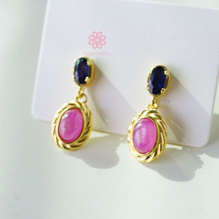 Ruby and Sapphire Dangle Earrings | Sterling Silver, Gold Plated