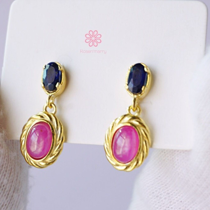 Ruby and Sapphire Dangle Earrings | Sterling Silver, Gold Plated