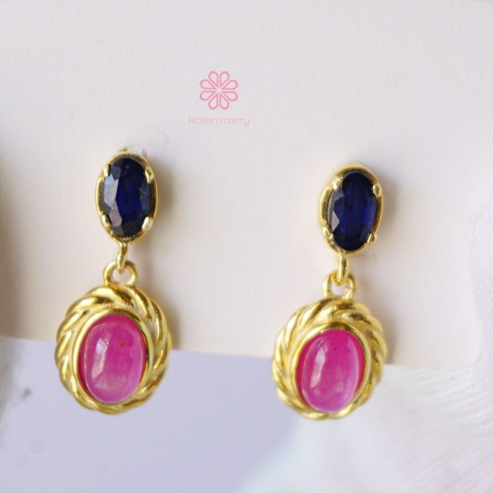 Ruby and Sapphire Dangle Earrings | Sterling Silver, Gold Plated