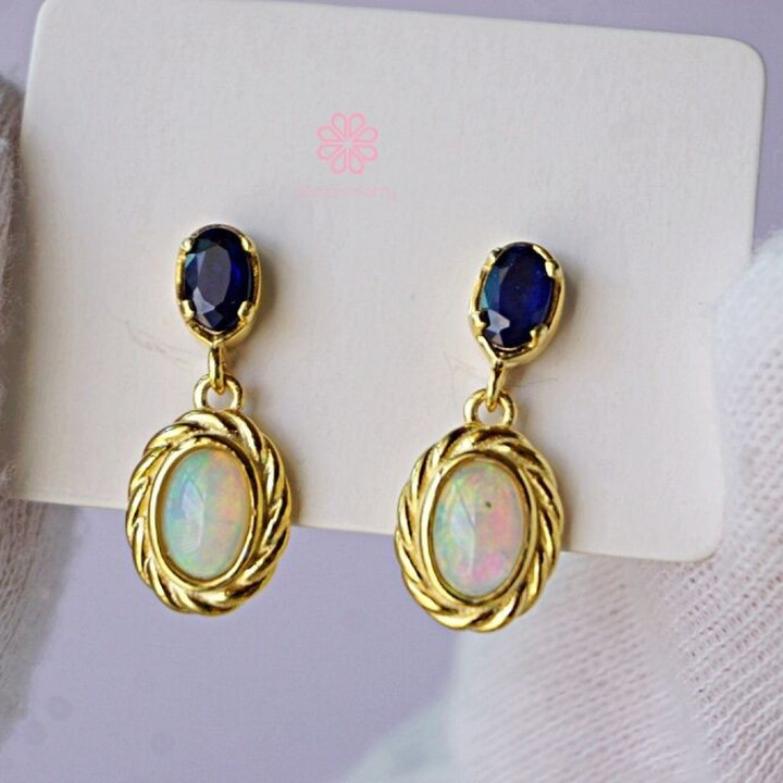 Sapphire and Opal Dangle Earrings | 925 Sterling Silver | Rosen'marry