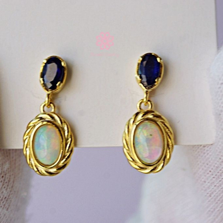 Sapphire and Opal Dangle Earrings | 925 Sterling Silver | Rosen'marry