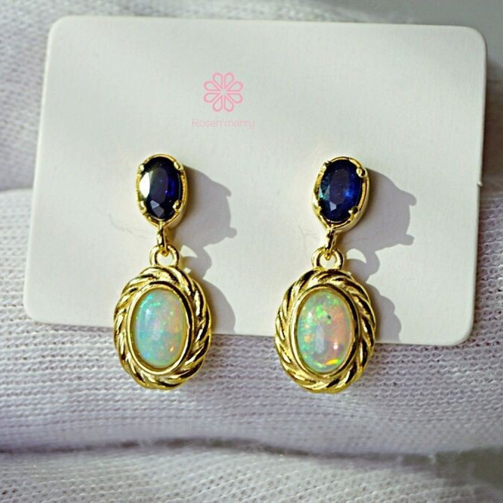 Sapphire and Opal Dangle Earrings | 925 Sterling Silver | Rosen'marry