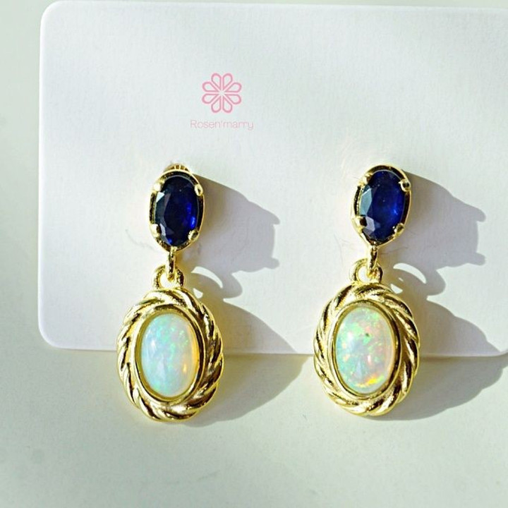 Sapphire and Opal Dangle Earrings | 925 Sterling Silver | Rosen'marry
