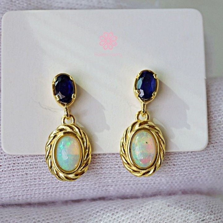 Sapphire and Opal Dangle Earrings | 925 Sterling Silver | Rosen'marry
