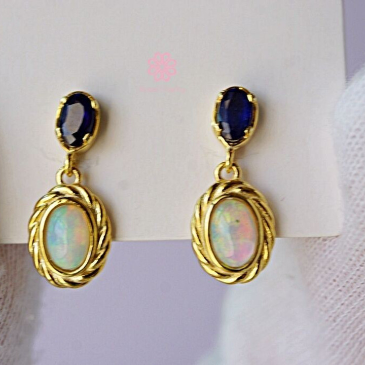 Sapphire and Opal Dangle Earrings | 925 Sterling Silver | Rosen'marry