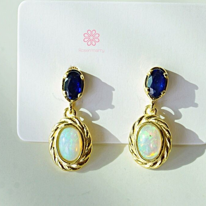 Sapphire and Opal Dangle Earrings | 925 Sterling Silver | Rosen'marry