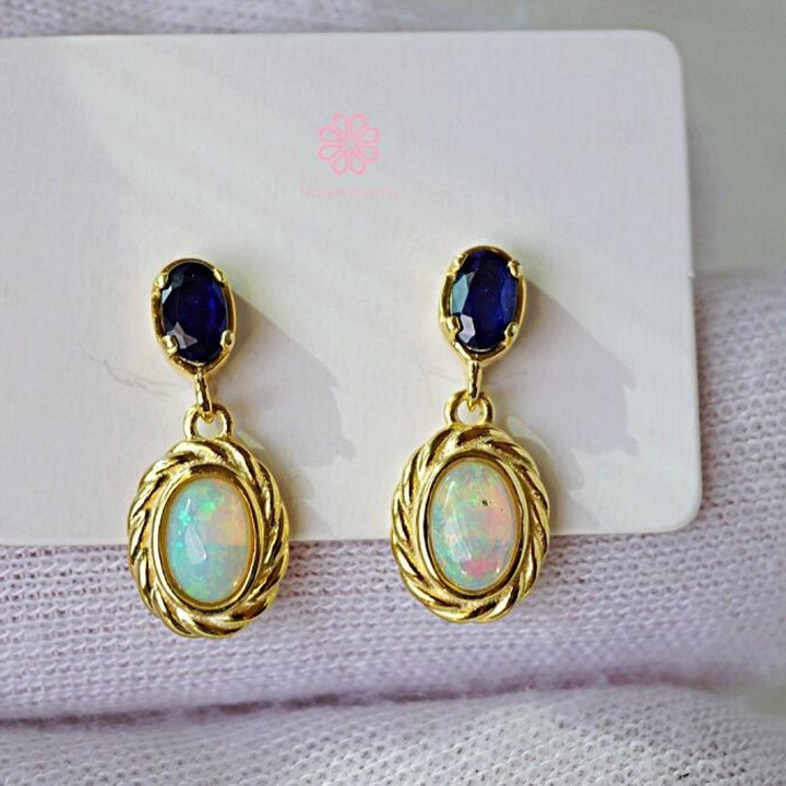 Sapphire and Opal Dangle Earrings | 925 Sterling Silver | Rosen'marry