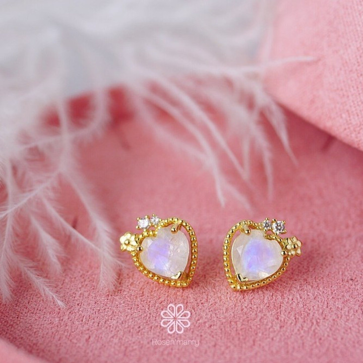 Iridescent Blue Moonstone Stud Earrings | Sterling Silver