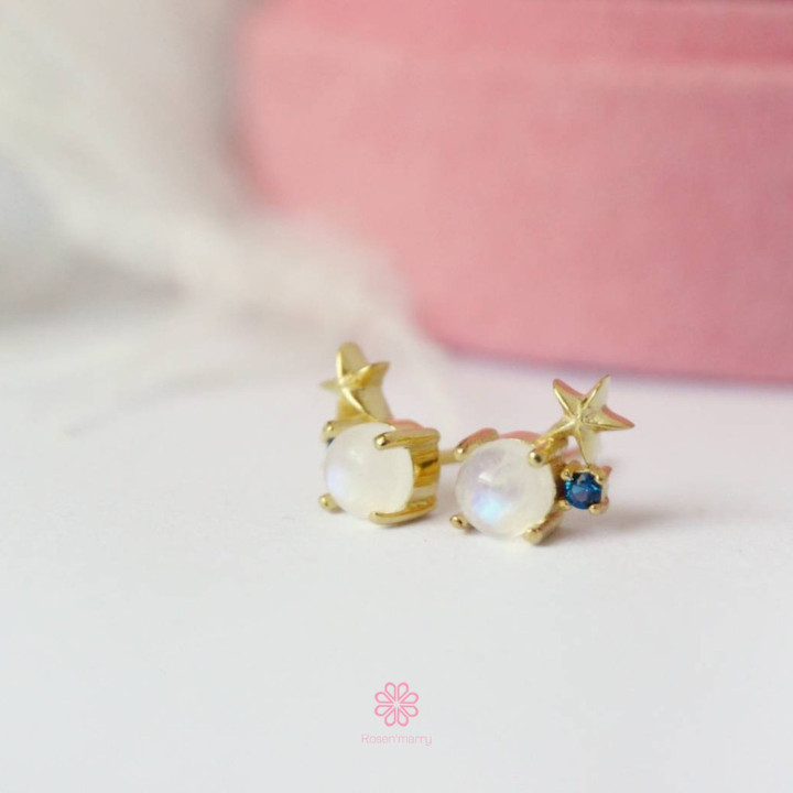 Sky Blue Moonstone Earrings | 925 Sterling Silver and Pink Gold