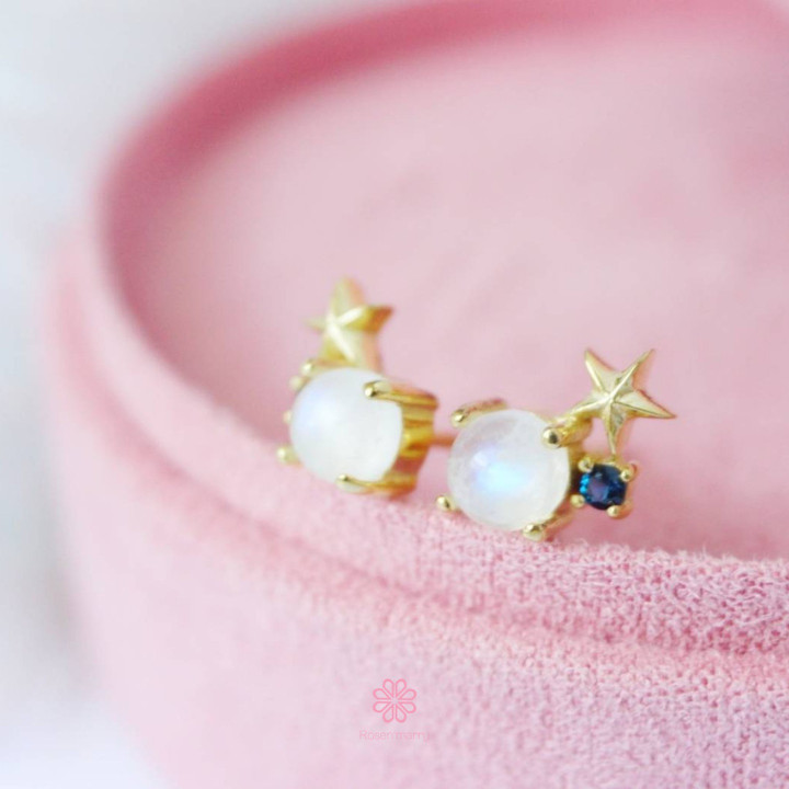 Sky Blue Moonstone Earrings | 925 Sterling Silver and Pink Gold
