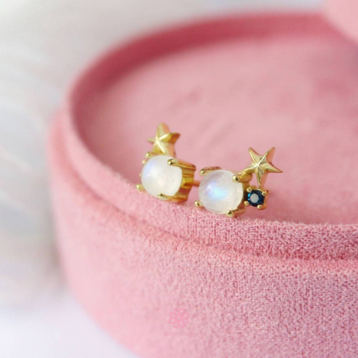Sky Blue Moonstone Earrings | 925 Sterling Silver and Pink Gold
