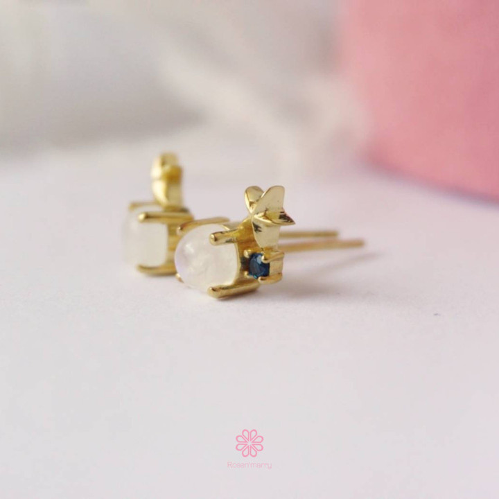 Sky Blue Moonstone Earrings | 925 Sterling Silver and Pink Gold