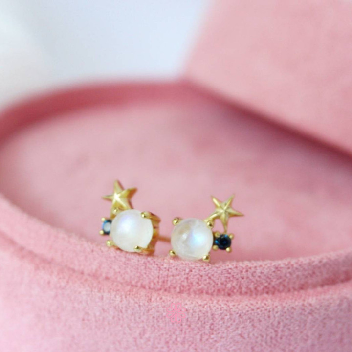 Sky Blue Moonstone Earrings | 925 Sterling Silver and Pink Gold