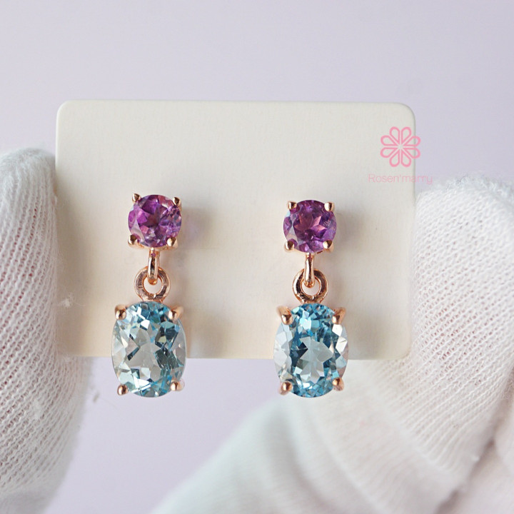 Rose Quartz and Amethyst Dangle Earrings | Sterling Silver