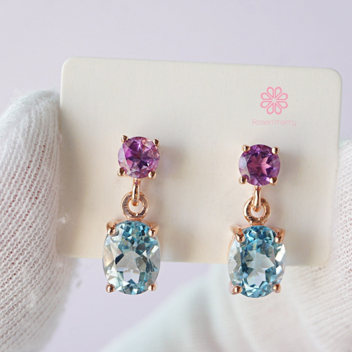 Rose Quartz and Amethyst Dangle Earrings | Sterling Silver